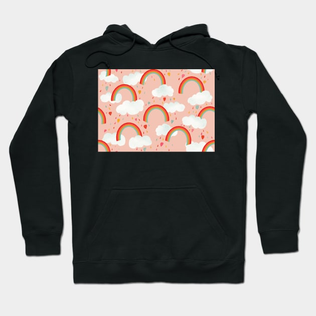 Clouds, rainbows and love hearts on a pink background Hoodie by NattyDesigns